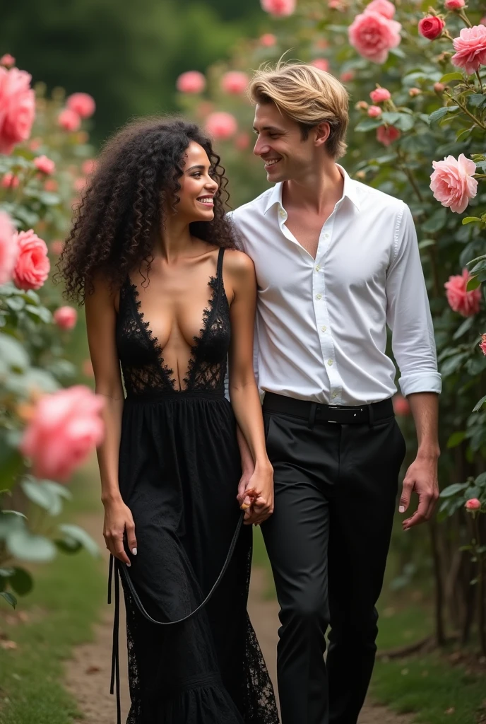Photo: une femme de 25 ans, européenne, les cheveux longs noir boucle tombant en cascade sur ses épaules entourant un visage doux aux yeux marron emplie de joie. Elle porte une longue robe noir sexy en dentelle. Avec elle un homme de 25 ans, ses cheveux mi long blond bien coiffé de entourant un visage aux yeux vert emplie de tendresse. Il porte un pantalon noir de costume et une chemise blanche. Il la balade par une laisse noir dans une roseraie