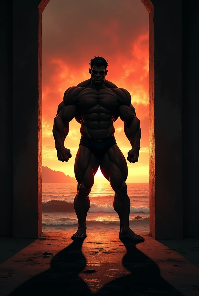 Create shadow image of strong man from distant shore in bodybuilding gym in dark and fire in background with death looking on 