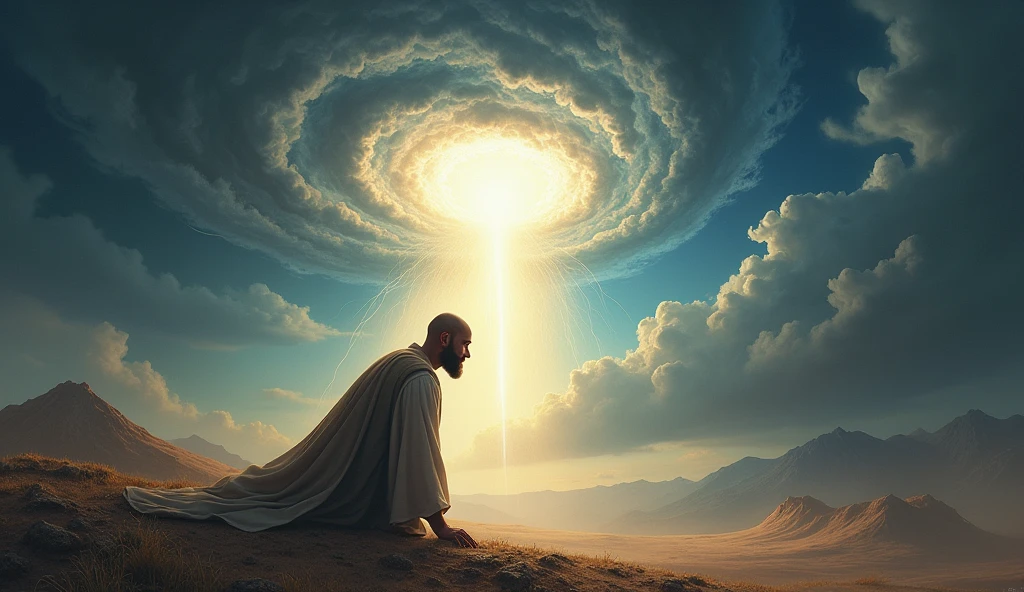 "Create an image that represents the powerful biblical scene in which God reveals himself to Job, as described in Job 38. Show Job prostrate on the ground, in a gesture of reverence and humility, perhaps with hands raised or face to the ground, reflecting his submission before divine majesty. acima dele, in the sky, represent the presence of God in the form of a powerful storm or whirlwind, with dark clouds and lightning, symbolizing the immensity and strength of God. Divine light may be radiating from the center of the storm, illuminating Job with a heavenly light. The surrounding scenery is dramatic and grand., with natural elements such as mountains or desolate plains, highlighting Job's smallness before the presence of God. The image must capture the majesty, the power and sanctity of the moment, conveying Job's deep reverence as he came face to face with the Creator." I am a shaved head gentleman