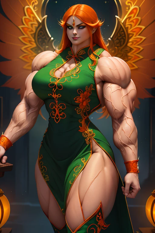 (Close view), tall, (orange hair), muscular woman, long shaggy hair, pale white skinned, closed smile, (black lipstick), ((massive muscles)), (hyper muscle), ((ginormous bulky muscles)), ((glowing green eyes)), (((sparkling orange cheongsam dress embroidered with intricate designs))), (giant angel wings), gauntlets, choker, thigh high boots, (in the Sky)