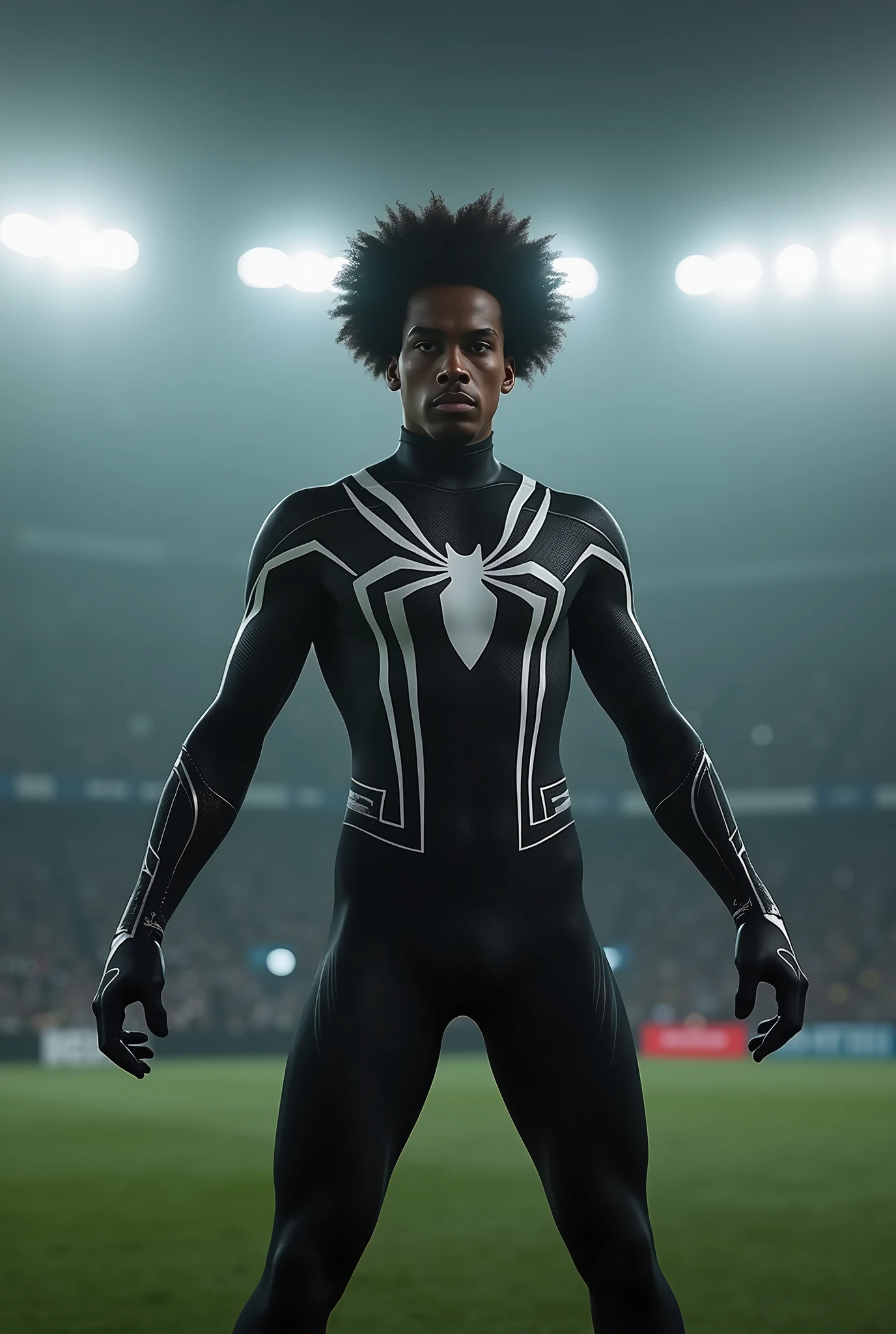 Spiderman pose in black and white Spiderman suit, Afro-Portuguese descent man, short afro hair, in soccer stadium, dark green field grass, dim light, (realistic, photo-realistic:1.37), (natural skin texture, hyperrealism, soft light, sharp:1.2), foggy,