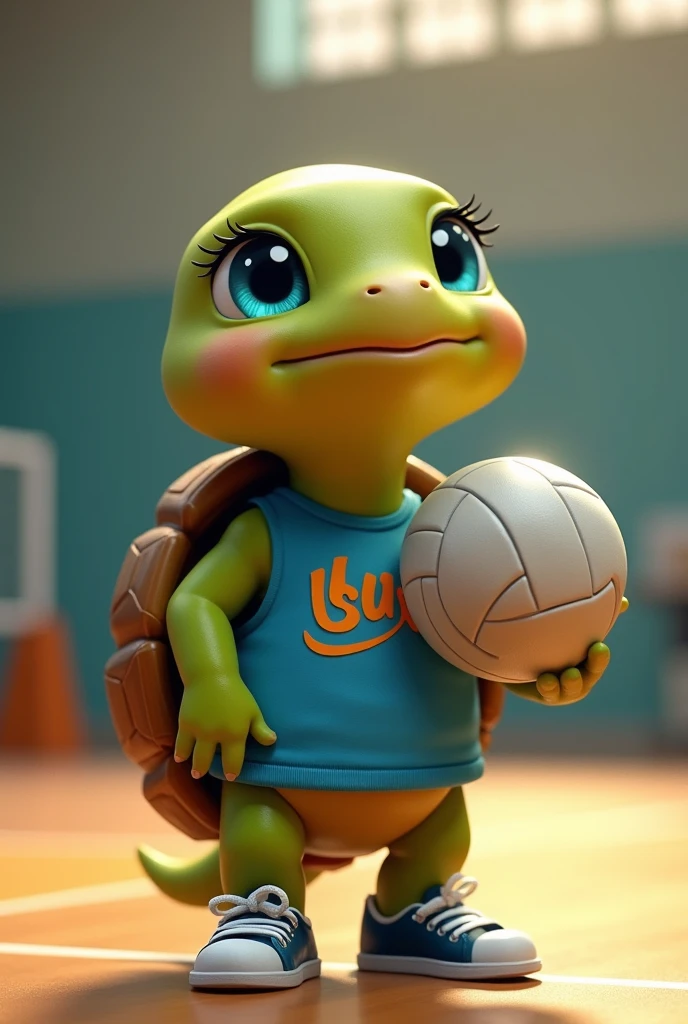 Waku, an adorable teenage turtle with vibrant green skin and a rich brown shell, looks up with bright blue eyes shining with excitement, as if celebrating a triumphant spike, stands on a modern indoor volleyball court, prepared for volleyball training, wearing a small blue sleeveless t-shirt with a stylized orange "lsvm" logo on the chest, her tiny tennis shoes laced up and ready for the next serve with a volleyball in her hands, capturing the essence of her joyful spirit and competitive, with soft, warm lighting that casts a comforting glow on the overall scene.