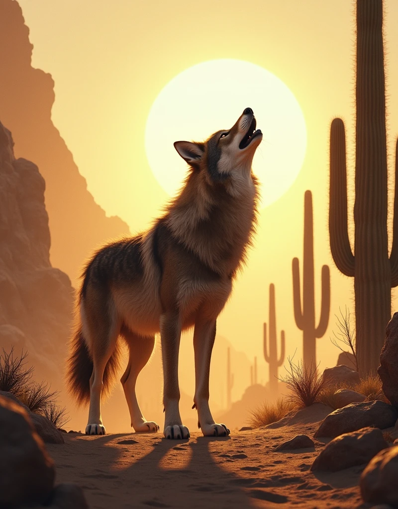 
a wolf howling in the middle of a desert with large captus

