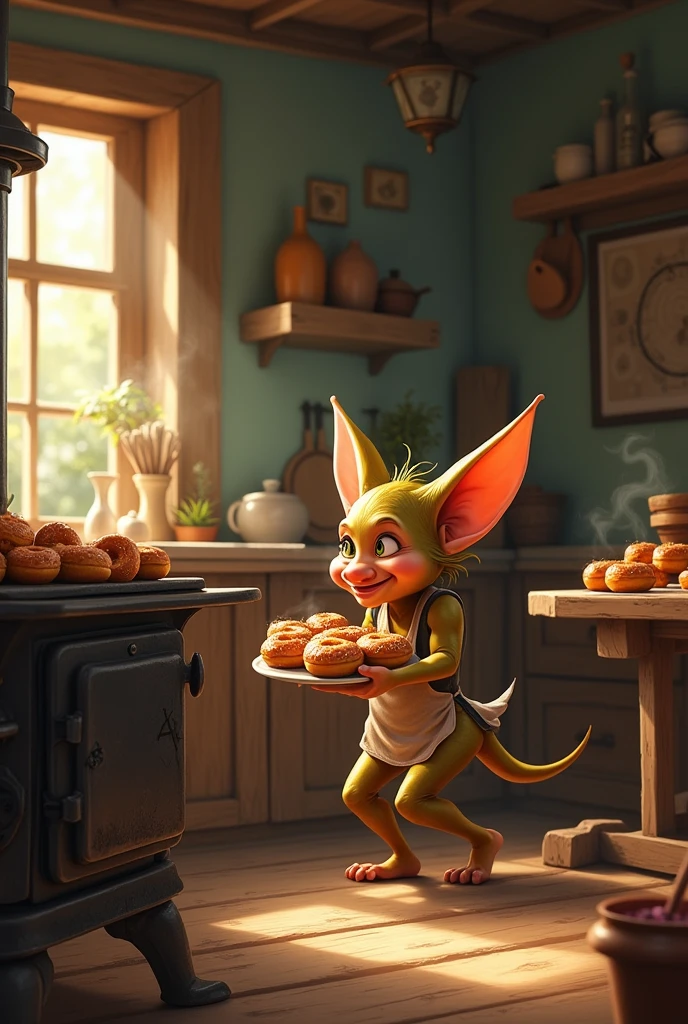 a goblin cooking several donuts in the oven
