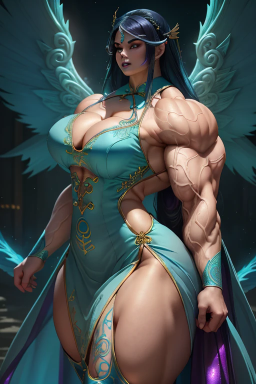 (Close view), tall, (cyan blue hair), muscular woman, long beachy hair, pale white skinned, closed smile, (black lipstick), ((massive muscles)), (hyper muscle), ((ginormous bulky muscles)), ((glowing purple eyes)), (((sparkling cyan cheongsam dress embroidered with intricate designs))), (giant angel wings), gauntlets, choker, thigh high boots, (in the Sky)