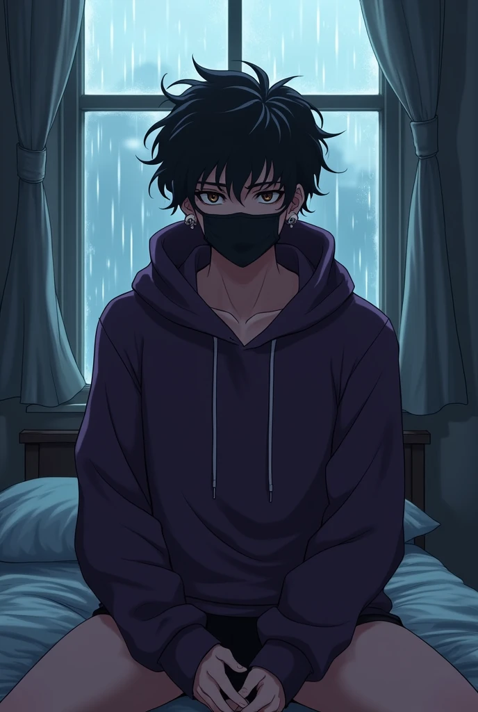 Photo Style Anime Guy, Black Curly Hair, Dark Brown Eyes, Wearing Dark Purple Hoodie, Wearing Black Boxer Briefs, Using Black Surgery Mask, Sitting In Front Of A Night Rain Window In The Bedroom, Guweis Style