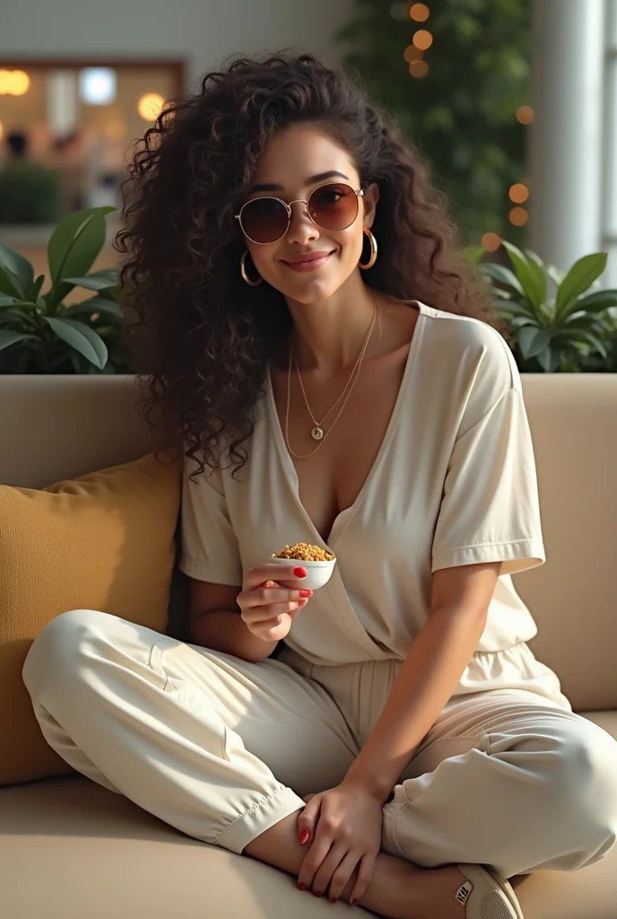 (photorealism:1.2), beautiful woman, curly hair, enjoying snacks, at mall, wearing sunglasses, relaxed pose, realistic, intricate details, warm colors