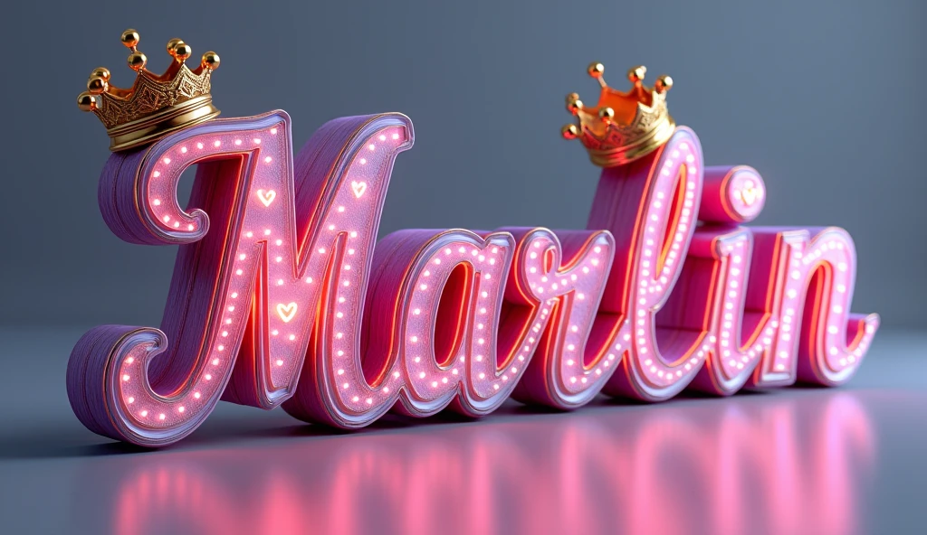 A hyper-realistic, high-resolution image of a 3D illustration that masterfully showcases the 3d name "Marlin" in mesmerizing, opulent lettering. The fuchsia, purple, and white font is embellished with swirling patterns, neon red hearts, and resplendent gold-glowing crowns on each letter, exuding a sense of regal grace and elegance and glossy. The composition delicately tilts towards the right, drawing the viewer in with its luxurious shapes and depth. The muted background harmoniously complements the vibrant colors and intricate details, creating a visually striking balance. This captivating portrait pays tribute to the cherished city of Toronto, demonstrating the artist's remarkable talent and expertise in combining photography, 3D rendering, and illustration.