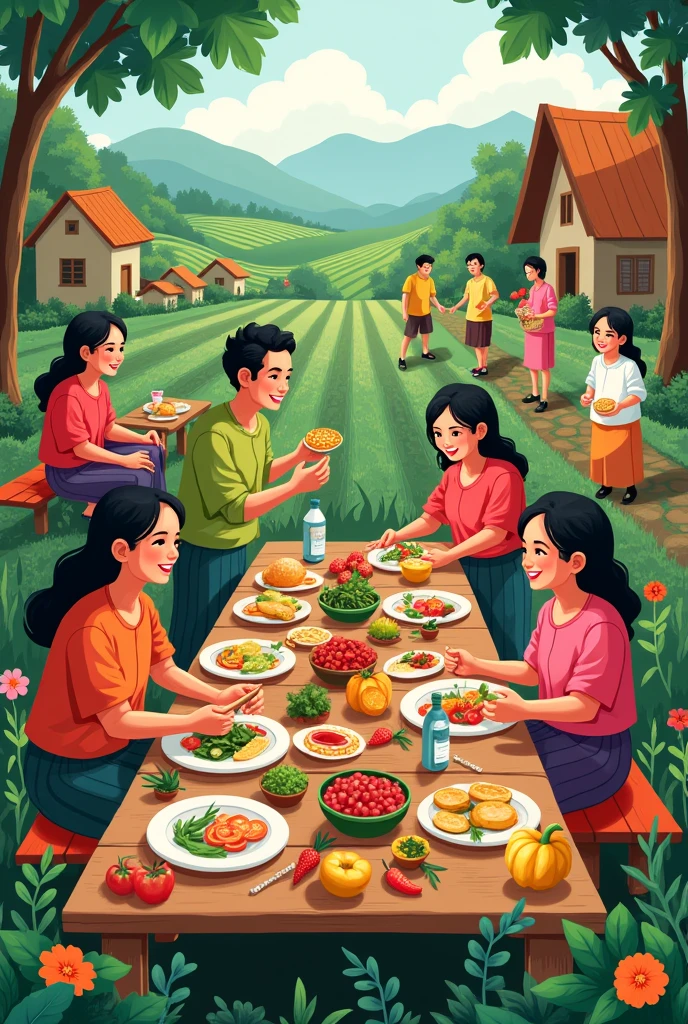 Poster with the theme of local food (Siantar/North Sumatra) with some word" From our land, for Our Food"
(With a people eat food or fruit, like banana, potato anything, have some vegetable ) with view like a village