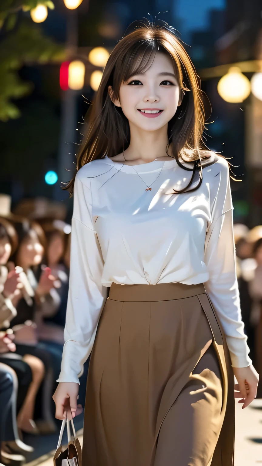 uhd, masterpiece, super detail, 16K, best quality, One Japanese person、housewife、30 years old、Walking towards here、Return from shopping、Big smile、Long hair tied back、Light brown hair、A long-sleeved T-shirt with a loose neck、A loose long skirt、Watching the audience、Cowboy Shot、