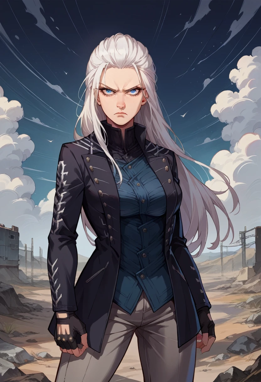 score_9, score_8_up, score_7_up, source_anime, 1girl, solo, female focus, dmc5vergil, white hair, long hair, medium breasts,blue eyes, black coat, fingerless gloves, pants, standing, serious, looking at you, wasteland, gray landscape, desolated, gray plain,