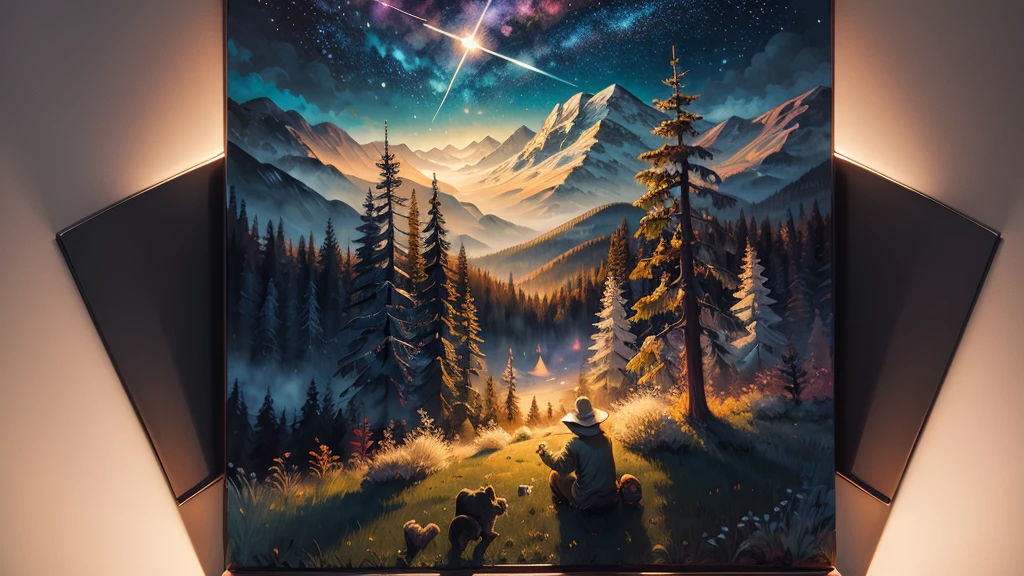 an oil painting，da vinci art style。A serene night scene with a person kneeling in prayer, bathed in soft moonlight. In the background, a forest, symbolizing peace. A subtle glowing cross hovers above the horizon, while soft rays of light emanate from it, representing God’s presence and protection. The scene is tranquil, with trees and mountains in the distance, under a vast, star-filled sky. The title 'Finding Peace in Turmoil' or 'Psalm 4 Devotional' appears in bold, calming fonts.，Guviz style artwork,，Artistic creativity:1.37,Sweet，Wonderful and magical，Exquisite，Natural soft light