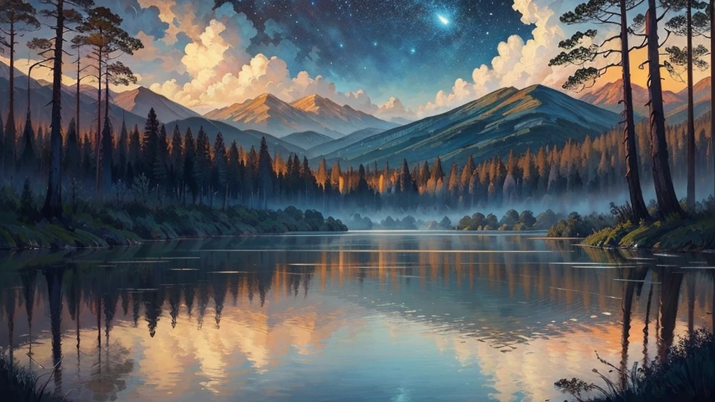 an oil painting，da vinci art style。A serene night scene with a person kneeling in prayer, bathed in soft moonlight. In the background, a forest, symbolizing peace. A subtle glowing cross hovers above the horizon, while soft rays of light emanate from it, representing God’s presence and protection. The scene is tranquil, with trees and mountains in the distance, under a vast, star-filled sky. The title 'Finding Peace in Turmoil' or 'Psalm 4 Devotional' appears in bold, calming fonts.，Guviz style artwork,，Artistic creativity:1.37,Sweet，Wonderful and magical，Exquisite，Natural soft light
