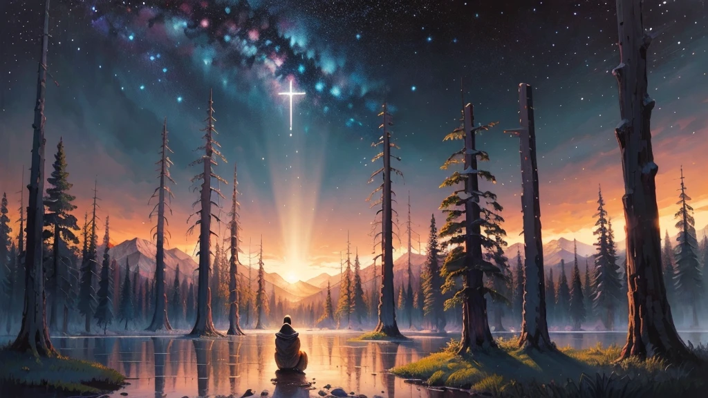 an oil painting,da vinci art style。A serene night scene with a person kneeling in prayer, bathed in soft moonlight. In the background, a forest, symbolizing peace. A subtle glowing cross hovers above the horizon, while soft rays of light emanate from it, representing God’s presence and protection. The scene is tranquil, with trees and mountains in the distance, under a vast, star-filled sky. The title 'Finding Peace in Turmoil' or 'Psalm 4 Devotional' appears in bold, calming fonts.,Guviz style artwork,,Artistic creativity:1.37,Sweet,Wonderful and magical,Exquisite,Natural soft light