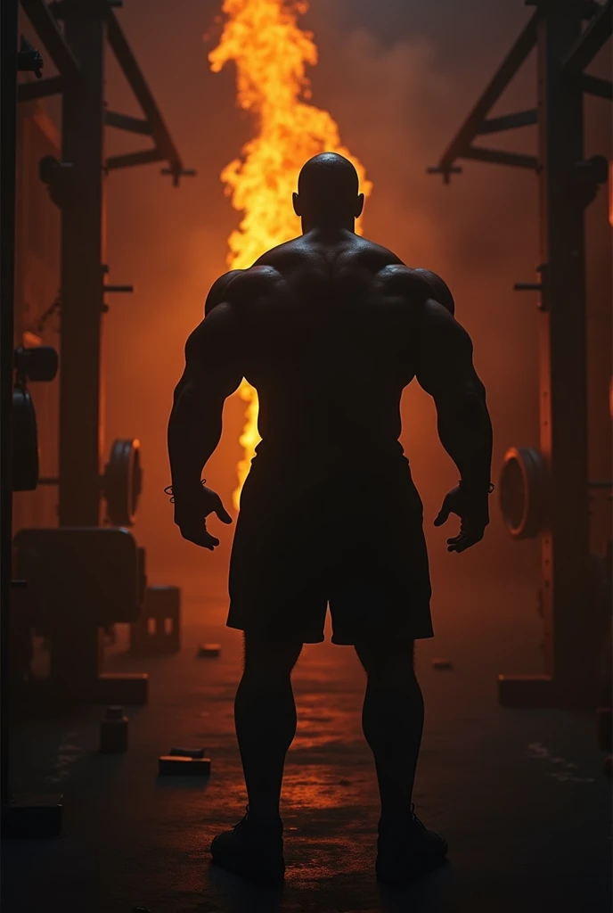 Create strong man shadow image from back, far away in the gym in the dark and fire in the background with death looking on