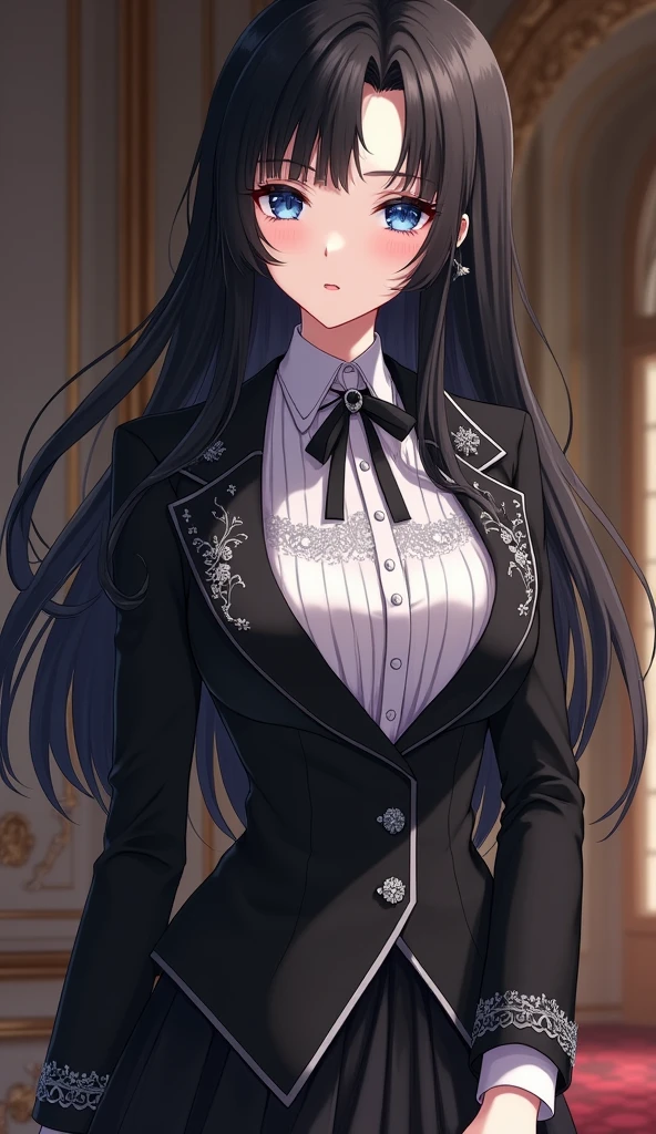 ANIME GIRL NOBLE WOMAN WITH BLUE EYES, BLACK HAIR, DREESING A ANIME GIRL NOBLE WOMAN WITH BLUE EYES, BLACK HAIR, DREESING For girls .Blouse:
Style: Blouse with a high collar and long puff sleeves. The body of the blouse is fitted at the waist, with a slight flare at the bottom. The sleeves have a delicate gather at the shoulders and cuffs fitted with silver buttons.
Fabric: High-quality satin or silk.
Main Color: Black.
Details: Silver embroidery decorates the collar and cuffs, creating an elegant contrast. On the front, the blouse has a decorative silver button fastening.
Ribbon: Silver satin ribbon, tied in a bow at the base of the high collar.
Blazer:
Style: Short, fitted blazer, with a high waistline and a slight train at the back. The lapels are wide and rounded, accentuating the feminine and distinguished cut.
Fabric: Black velvet or lightweight wool.
Main Color: Black.
Details: The lapels and sleeves are adorned with silver embroidery in elegant patterns. The Solaria emblem is embroidered in silver on the left chest, and the buttons are silver with decorative embossing. The blazer has a satin silver lining, which adds a luxurious contrast when open.
Accessories and Complements:
Skirt:
Style: Pleated skirt that falls just above the knee.
Main Color: Black.
Details: Silver stripe at the hem or subtle silver embroidery.
Tights:
Style: Black tights, covering the entire leg up to the waist, with no additional details.
Shoes:
Style: Leather Mary Jane shoes.
Main Color: Black.
Details: Silver, such as a buckle or a small emblem. full body