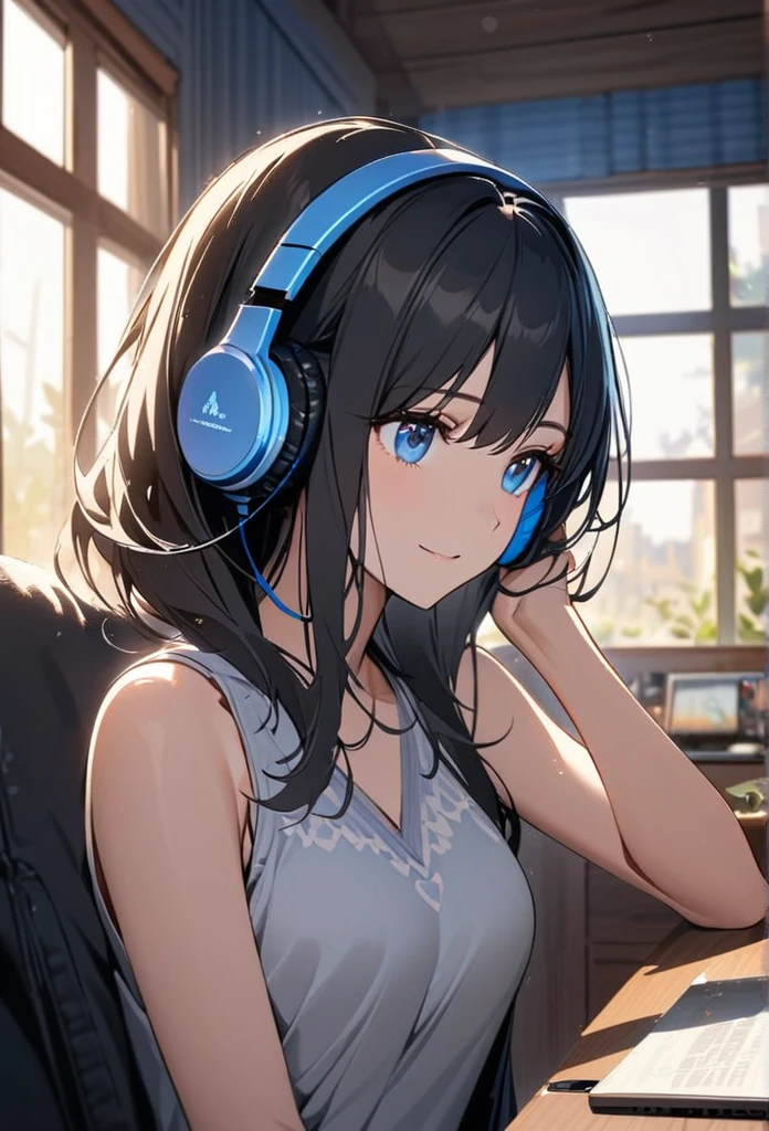 Beautiful woman, alone, A gentle smile on her face, Black Hair, blue eyes, Sleeveless Women, Beautiful depiction,A woman sitting in front of a computer in a cozy bedroom,Beautiful Eyes ,A woman listening to music in a cozy room... (noon), Use headphones, (beautiful noon views from windows), high resolution,Very detailed