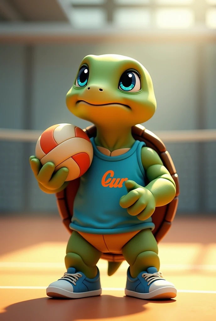 Waku, an adorable teenage turtle with vibrant green skin and a rich brown shell, looks up with bright blue eyes shining with excitement, as if celebrating a triumphant spike, stands on a modern indoor volleyball court, prepared for volleyball training, wearing a small blue sleeveless t-shirt with a stylized orange "lsvm" logo on the chest, her tiny tennis shoes laced up and ready for the next serve with a volleyball in her hands, capturing the essence of her joyful spirit and competitive, with soft, warm lighting that casts a comforting glow on the overall scene.