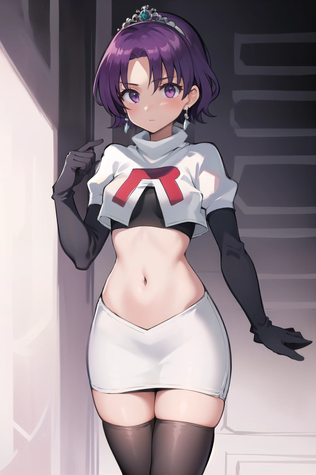 best quality, (masterpiece:1.2), illustration, absurdres,
(1girl, solo), (beautiful detailed girl), 
Klaudia von Auslese, purple_hair, short_hair, purple_eyes, small_breasts, timid, (shy:0.8),
jewelry, earrings, silver tiara, team rocket,team rocket uniform,white skirt,red letter R,crop top,black thigh-highs,black elbow gloves, looking at viewer,
