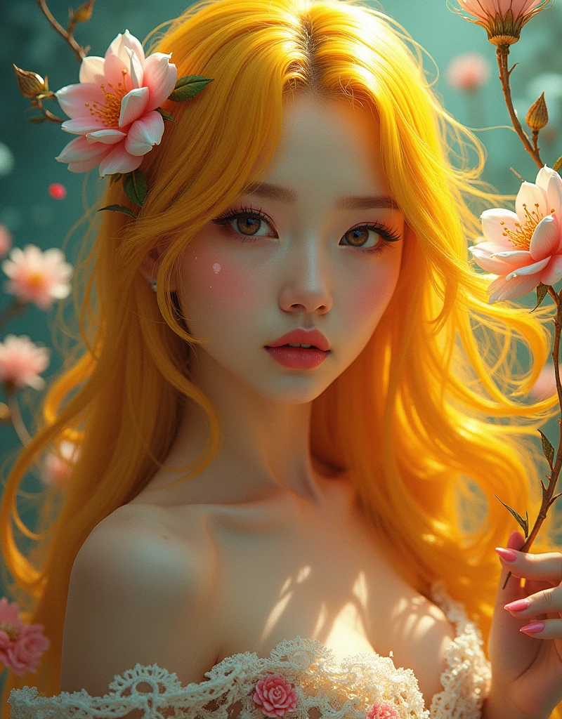 A stunning Asian girl with yellow hair strikes a seductive pose. She’s surrounded by a breathtakingly colorful backdrop, filled with vivid hues and beautiful, artistic details that create a mesmerizing and enchanting environment.