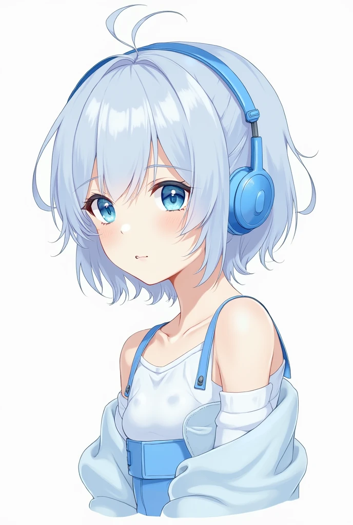 female character, only the head is noticeable, that she is an adult, with light blue hair, light blue and white shirt, light blue skirt, sky blue and white socks, sky blue boots, sky blue headphones, blue eyes.