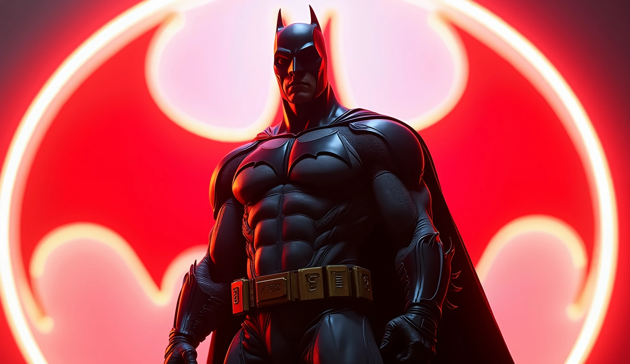Batman (Dc comics), a giant red neon sign on white, hiperrealisitics, realisitic, a very muscular body in the renatosphere, epic 3D realism, swollen muscles, large fists, best in wlop, kan liu, daz3d, trends in CGsociety, estilo realisitic hiperdetalhado, completo cosplay, by Ric Nagualero, album, hyung tae kim, 8k, irreal engine 5, film composition, retratos realisitics hiperdetalhados, 3D game art, CG Society, Fantasyart, hd art of season, estética realisitic, cinematic lighting, border light, smooth light, border light de filme, fine glow, ultradetailed, 8k, uso realisitic de luz e cor, cinematic light, rendered in cinema4d 500–1000 AD -- ar 3:4- Niji 6