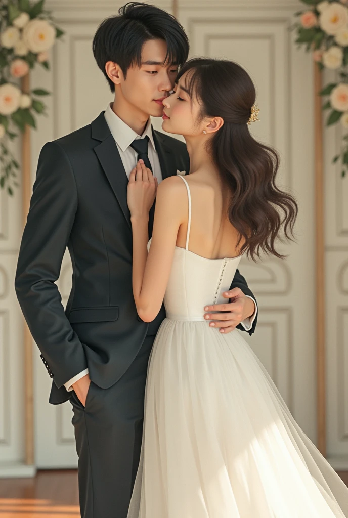 Simple wedding dress in vintage mikado fabric without volume with details, the bride has bangs and loose hair wearing a cheerful dress, the dress has no frills and details the body. Show the whole groom