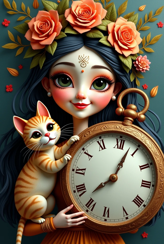 Festival mask that also has a smiling lady with a proud cat in one hand and a large clock in the other.