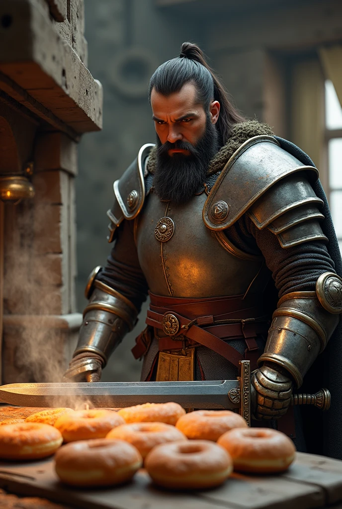 a warrior cooking several donuts in the oven