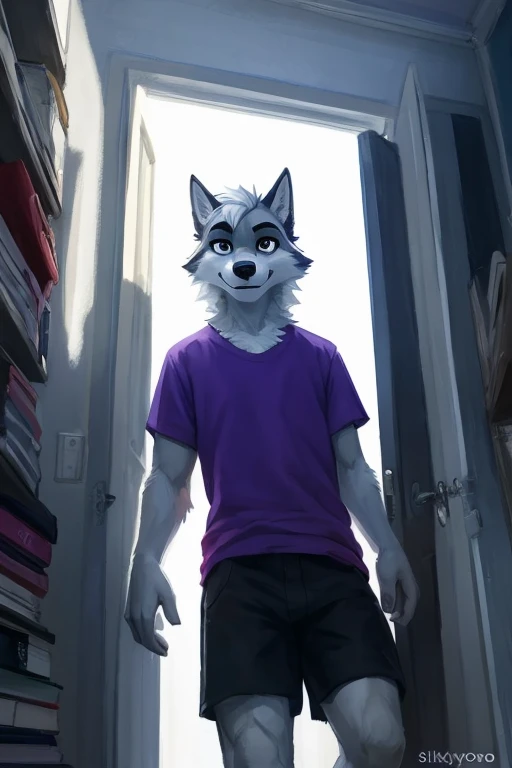 ((( Scarying and menacingly Standing, tall And a grey and white anthropomorphic male wolf with black eyes and white hair wearing just black shorts and a purple shirt, muscular scary looking, really scary and menacing looking with like anime scary head and body ))), big chest wearing clothing , day, , sensual, detailed, uploaded to e621, beautiful and detailed portrait of an anthropomorphic , (((male))) uploaded to e621, zaush, foxovh, movie lighting, thicc, alone, movie cover, detailed, 8k res, hires, detailed eyes, good anatomy, good perspective, towards viewer, by bebebebebe, by sicklyhypnos, by gerkk, by orf, nice hands, perfect hands, happy, romantic, ray tracing lighting, rtx on