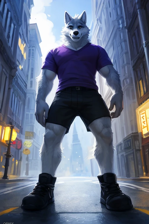 ((( Scarying and menacingly Standing, tall And a grey and white anthropomorphic male wolf with black eyes and white hair wearing just black shorts and a purple shirt, muscular scary looking, really scary and menacing looking with like anime scary head and body  ))), big chest wearing clothing , day, , sensual, detailed, uploaded to e621, beautiful and detailed portrait of an anthropomorphic , (((male))) uploaded to e621, zaush, foxovh, movie lighting, thicc, alone, movie cover, detailed, 8k res, hires, detailed eyes, good anatomy, good perspective, towards viewer, by bebebebebe, by sicklyhypnos, by gerkk, by orf, nice hands, perfect hands, happy, romantic, ray tracing lighting, rtx on