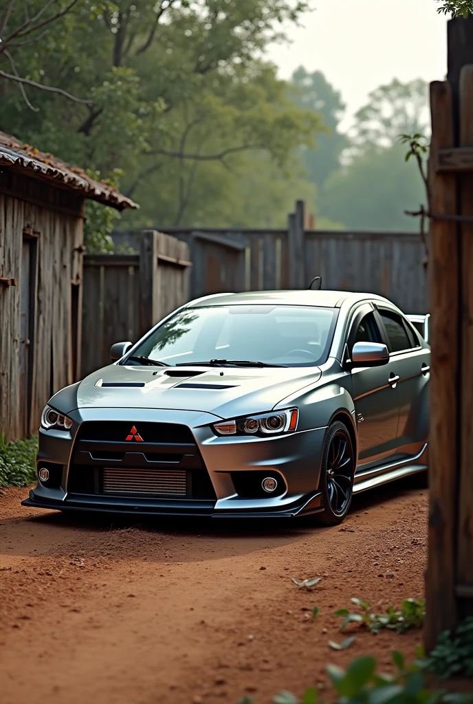 A Mitsubishi Lancer Evo inside an animal pen