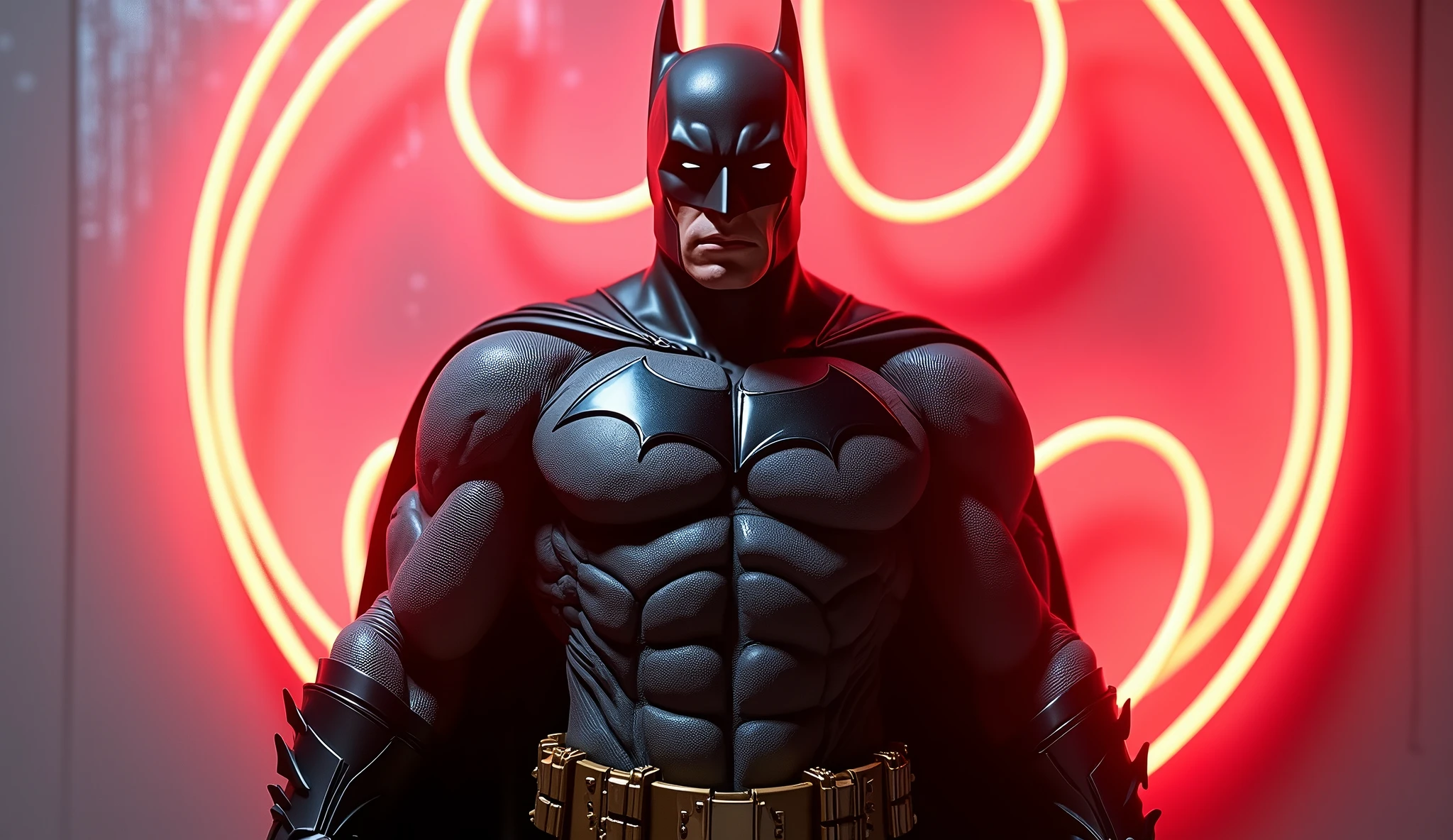Batman (Dc comics), a giant red neon sign on white, hiperrealisitics, realisitic, a very muscular body in the renatosphere, epic 3D realism, swollen muscles, large fists, best in wlop, kan liu, daz3d, trends in CGsociety, estilo realisitic hiperdetalhado, completo cosplay, by Ric Nagualero, album, hyung tae kim, 8k, irreal engine 5, film composition, retratos realisitics hiperdetalhados, 3D game art, CG Society, Fantasyart, hd art of season, estética realisitic, cinematic lighting, border light, smooth light, border light de filme, fine glow, ultradetailed, 8k, uso realisitic de luz e cor, cinematic light, rendered in cinema4d 500–1000 AD -- ar 3:4- Niji 6