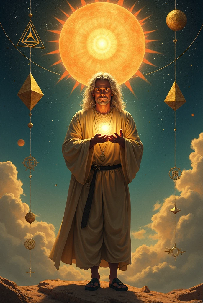 Painting of Isaac Newton as Pythagoras, holds cryptocurrency in hands , Sacred Geometry, platonic solids in zero gravity, Sun, floating geometry, hemerism, Symbol of the sun, Sealed, Hermetic symbols, (main part), (better quality), ((foreground)), The Art of Boris Vallejo, Sid Mead.