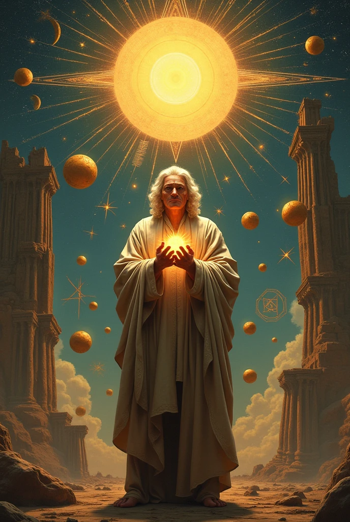 Painting of Isaac Newton as Pythagoras, holds cryptocurrency in hands , Sacred Geometry, platonic solids in zero gravity, Sun, floating geometry, hemerism, Symbol of the sun, Sealed, Hermetic symbols, (main part), (better quality), ((foreground)), The Art of Boris Vallejo, Sid Mead.
