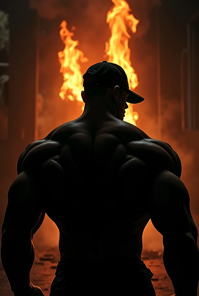 Create shadow image of strong man with cap and back, far away in the gym in the dark and fire in the background with death looking on 