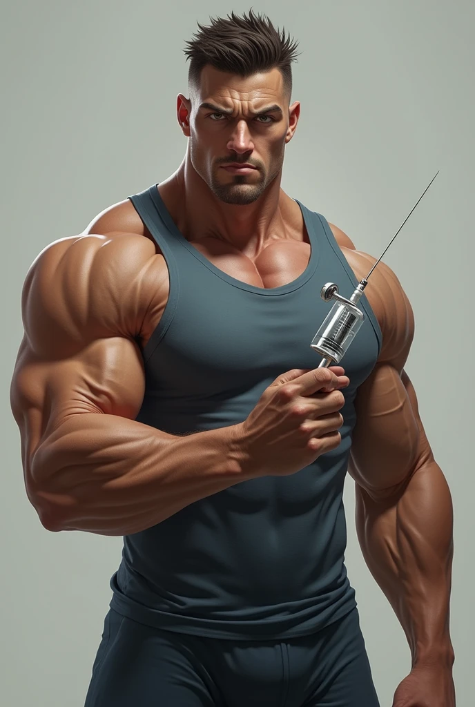 Muscular person holding a syringe