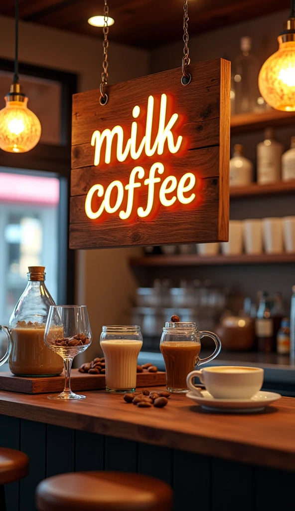 a stall, on the billboard it says "MILK COFFEE". the background is filled with glasses and bottles. the feel of a coffee shop is clearly visible. Stunning, real, real graphics.