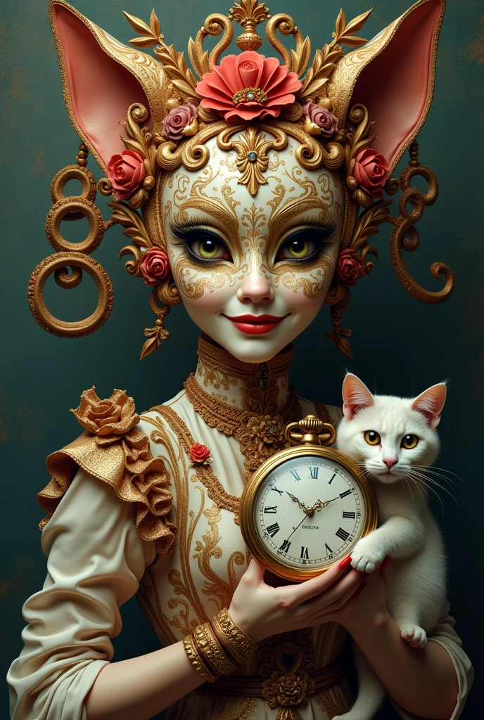 Festival mask that also has a smiling lady with a haughty cat in one hand and a large watch in the other.