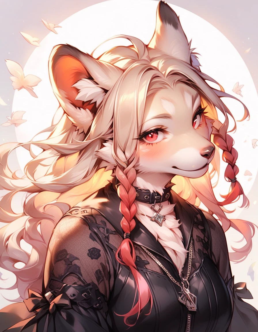 Score_9, Score_8_Up, Score_7_Up, Score_6_Up, Epic-Ultra-HD-Details, Epic-Ultra-HD-Highlights, photo-same-realistic scaled- resolution, source_furry, analog photography, zip realism, physically realistic, lighting, furry-characteristics, 1 girl, kemono, alone, girl, clothed, body hair , white, white fur, fine fluffy fur, looking at viewer, red eyes, black dress, upper per body detailed face eyes and