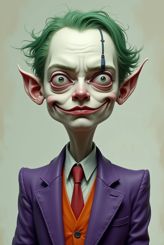 White distorted face,purple formal coat,Orange vest,Green hair,Williem Dafoe playing the joker