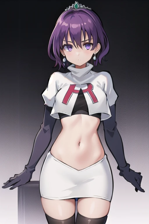 best quality, (masterpiece:1.2), illustration, absurdres,
(1girl, solo), (beautiful detailed girl),
Klaudia von Auslese, purple_hair, short_hair, purple_eyes, small_breasts, timid, (shy:0.8),
jewelry, earrings, silver tiara, team rocket,team rocket uniform,white skirt,red letter R,crop top,black thigh-highs,black elbow gloves, looking at viewer,
