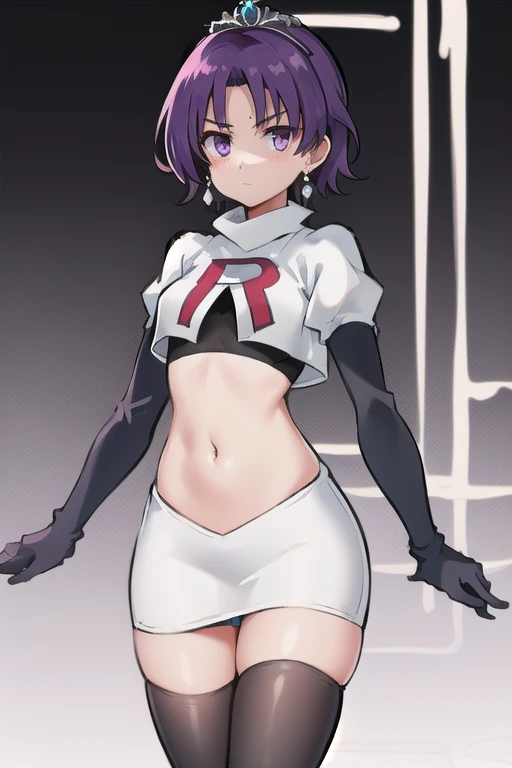 best quality, (masterpiece:1.2), illustration, absurdres,
(1girl, solo), (beautiful detailed girl),
Klaudia von Auslese, purple_hair, short_hair, purple_eyes, small_breasts, timid, (shy:0.8),
jewelry, earrings, silver tiara, team rocket,team rocket uniform,white skirt,red letter R,crop top,black thigh-highs,black elbow gloves, looking at viewer,