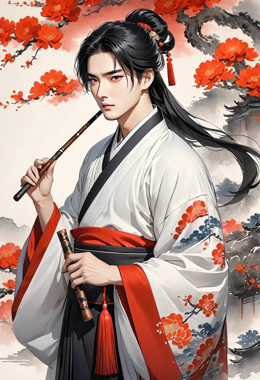 a chinese style man, holding a chinese pipe in one hand, wearing a simple black hanfu, red eyes, long black hair, smooth white skin, portrait, detailed facial features, dramatic lighting, cinematic, chiaroscuro, moody atmosphere, (best quality,4k,8k,highres,masterpiece:1.2),ultra-detailed,(realistic,photorealistic,photo-realistic:1.37),intricate details,cinematic lighting,dramatic shadows,rich colors,elegant,traditional chinese style