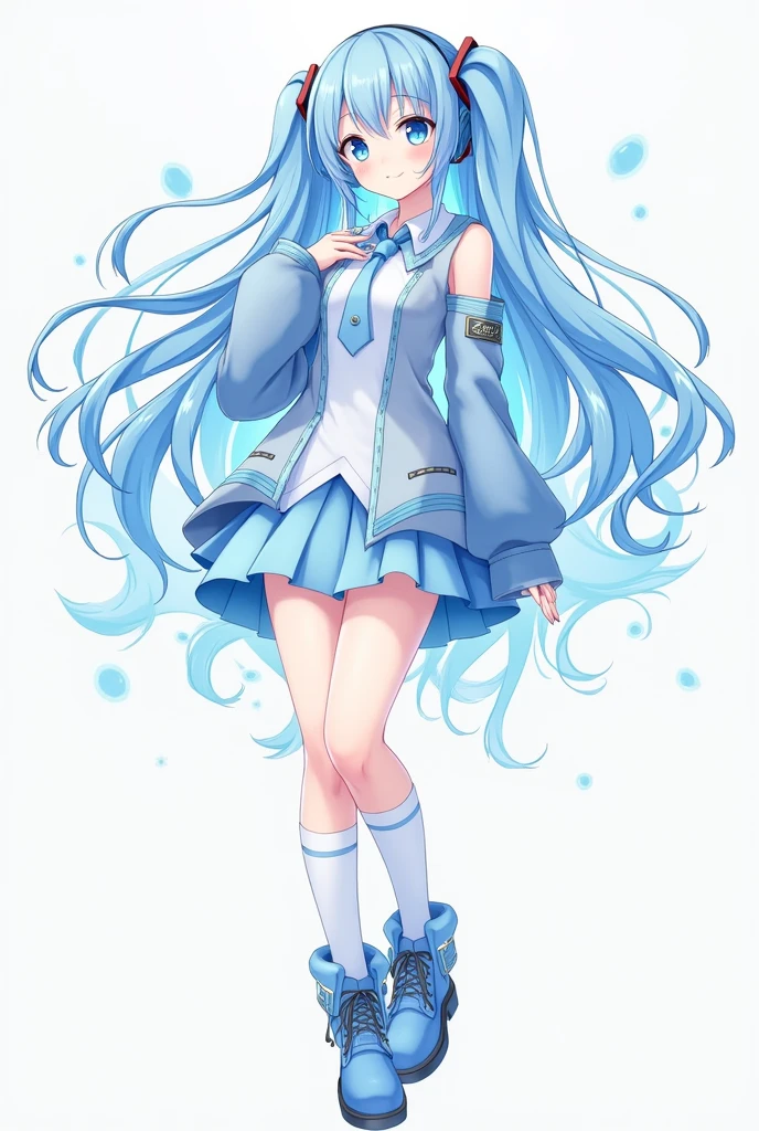 female character, only the head is noticeable, that she is an adult, with long blue hair, light blue and white shirt, light blue skirt, sky blue and white socks, sky blue boots, sky blue headphones, blue eyes.