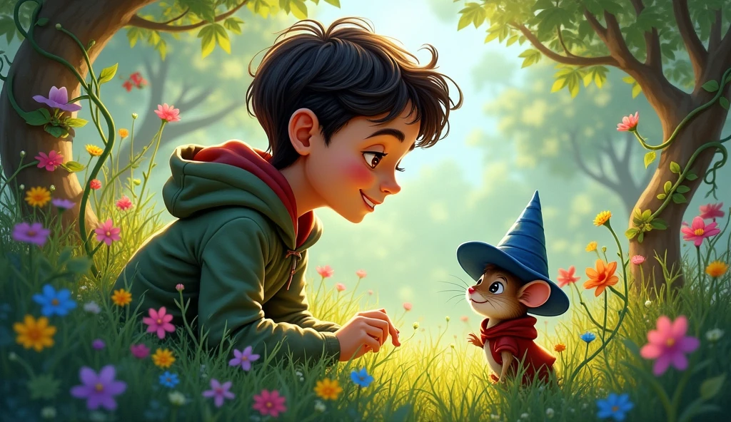 Create a magical fantasy-style illustration of a young boy named Léo in a colorful garden. Léo is smiling and looking at a small mouse, Remy, who is wearing a blue hat. The scene is vibrant with flowers, tall grass, and mysterious shadows suggesting hidden secrets