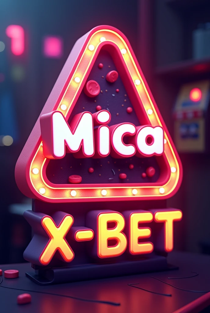 a casino slot type triangle, inside and above that say the name "Mica" in white and red "bet". Beneath that "X-bet" head on, cartoon style colors. ALL IN LATIN SPANISH IN 3D