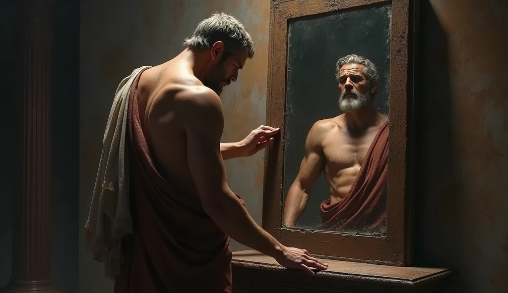 A 16:9 landscape format, the Stoic philosopher stands before a large, ancient mirror in a darkened room, his reflection showing a weary, pained expression. The room, adorned with elements of Roman architecture, is shadowy, with a single light source illuminating the philosopher and his reflection. His tunic drapes over his well-defined shoulders, subtly revealing his muscular form. The mirror's surface is slightly tarnished, symbolizing the inner conflict. The philosopher's hand hovers near the glass, as if seeking strength from his reflection. The background fades into darkness, leaving the focus on the philosopher and the mirror, representing the struggle to accept the painful truth.