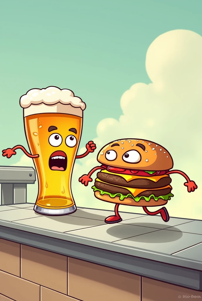 A burger chasing a beer, at a fast food table