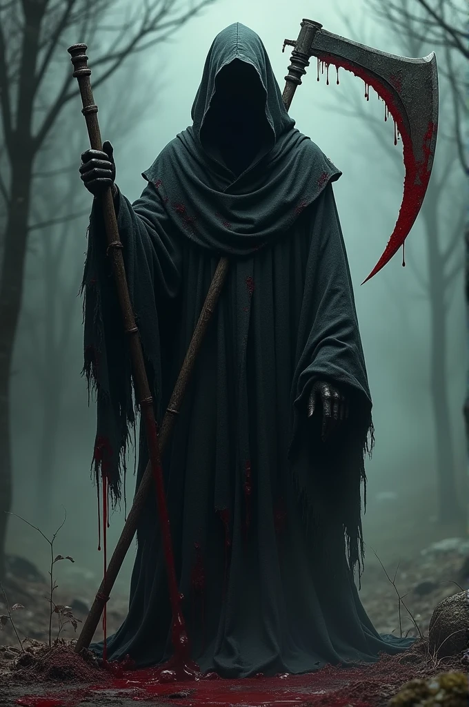 A shadowy being with a torn overcoat covered in dried blood, you can't see the face because the shadow of the hood hides it, holding with both hands his scythe with a sharp blade completely different from the common ones with traces of recent blood running down it and falling to the ground and the landscape around him followed the dark climate of death. Seu Nome, grim reaper.